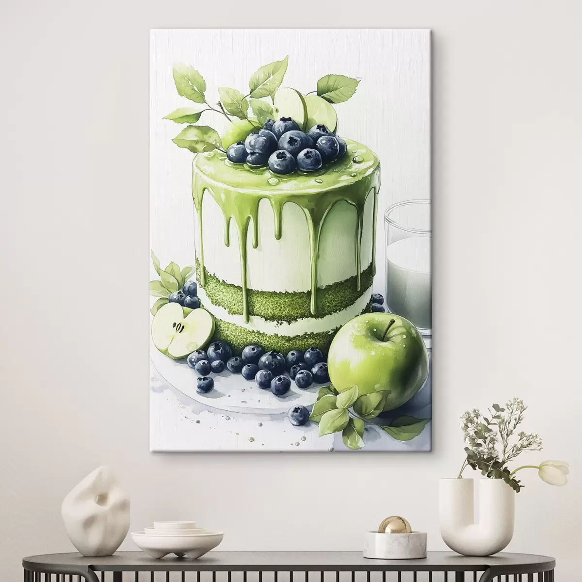Paveikslėlis Matcha pyragas su mėlynėmis ir obuoliais, akvarelės stilius s44304