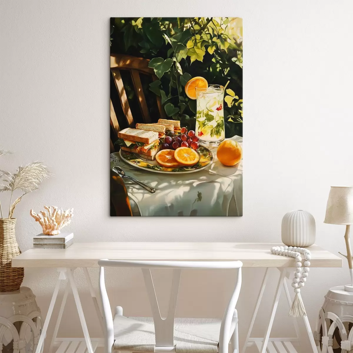 Paveikslėlis Estetiškas piknikas vasaros sode, sumuštiniai, apelsinai, limonadas s44306