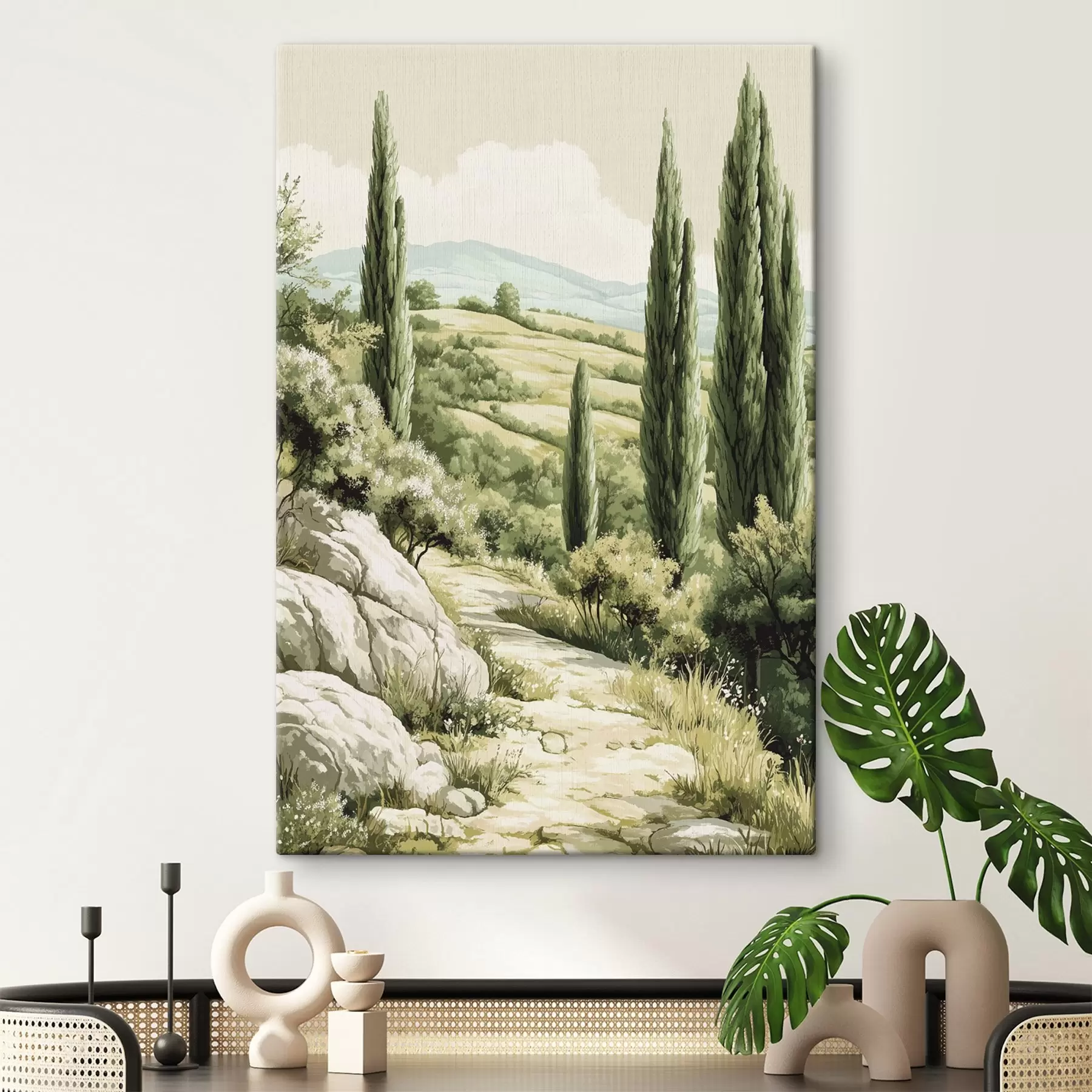 Paveikslėlis Vasaros kraštovaizdžiai su kiparisais ir žaliomis kalvomis, kaimiškas stilius s44308