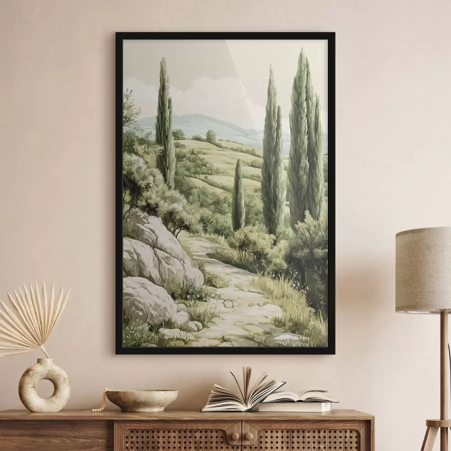 Fototapetai Vasaros kraštovaizdžiai su kiparisais ir žaliomis kalvomis, kaimiškas stilius f44308