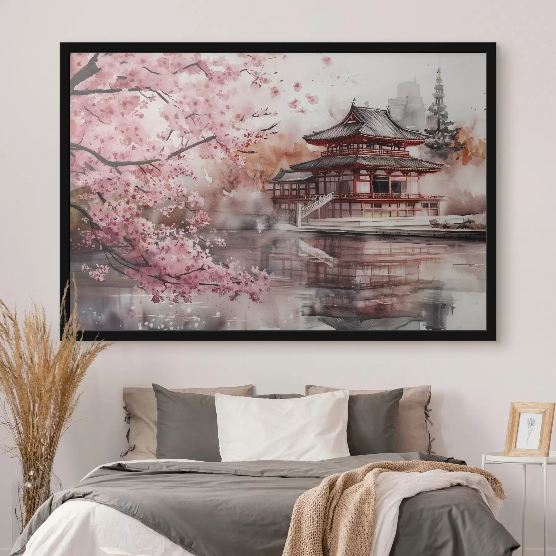 Fototapetai Gražus Japonijos kraštovaizdis su žydinčia vyšnia ir namu prie ežero f44310