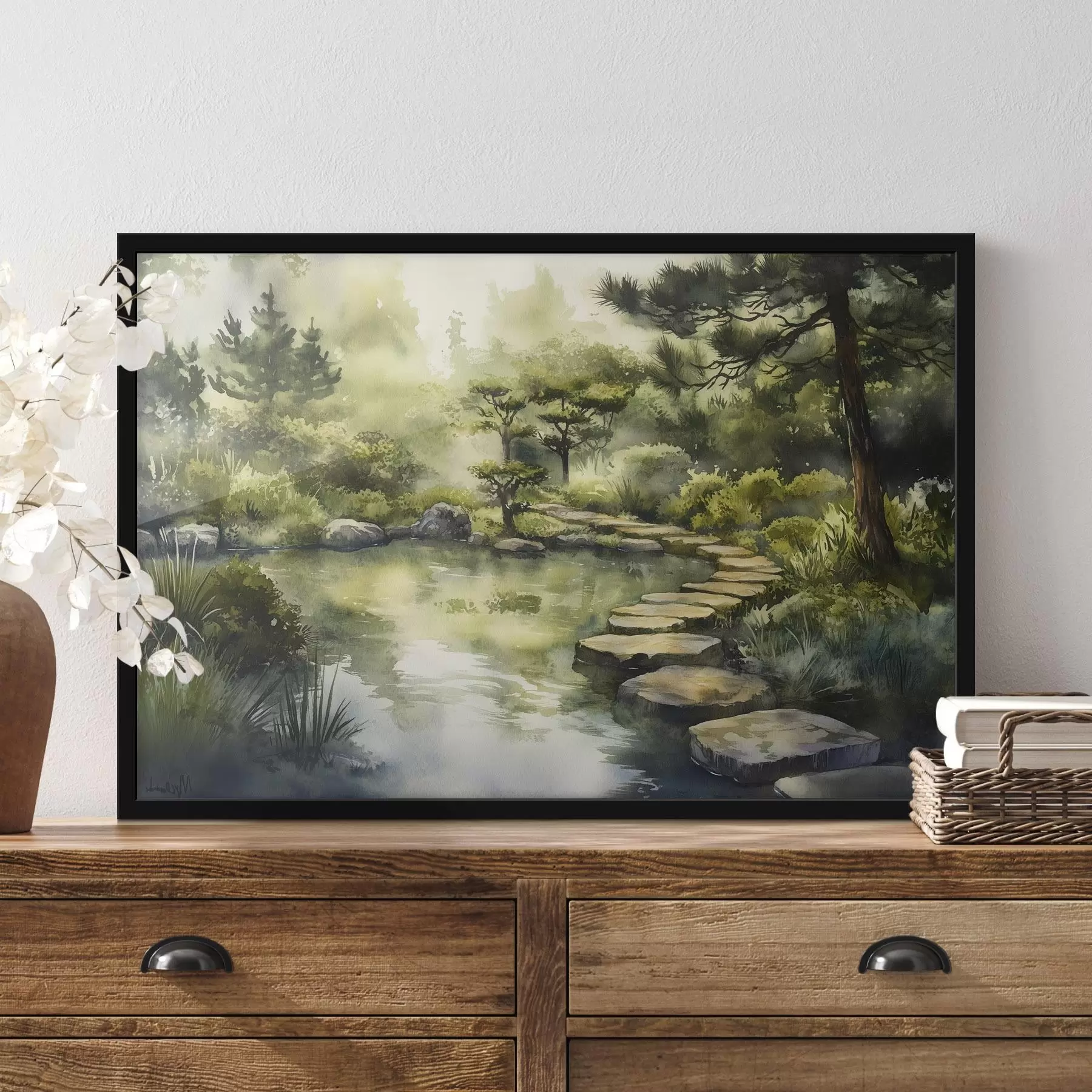 Fototapetai Rytietiškas miškas su akmenimis, tvenkiniu ir pušimis, žaluma, akvarelės stilius f44311