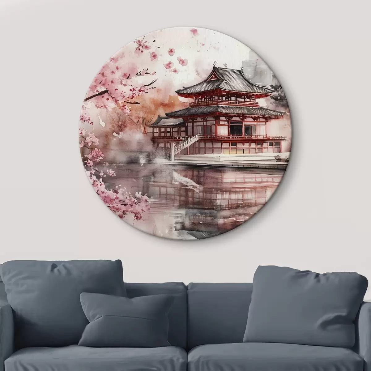 Apvalūs paveikslai Gražus Japonijos kraštovaizdis su žydinčia vyšnia ir namu prie ežero r44310