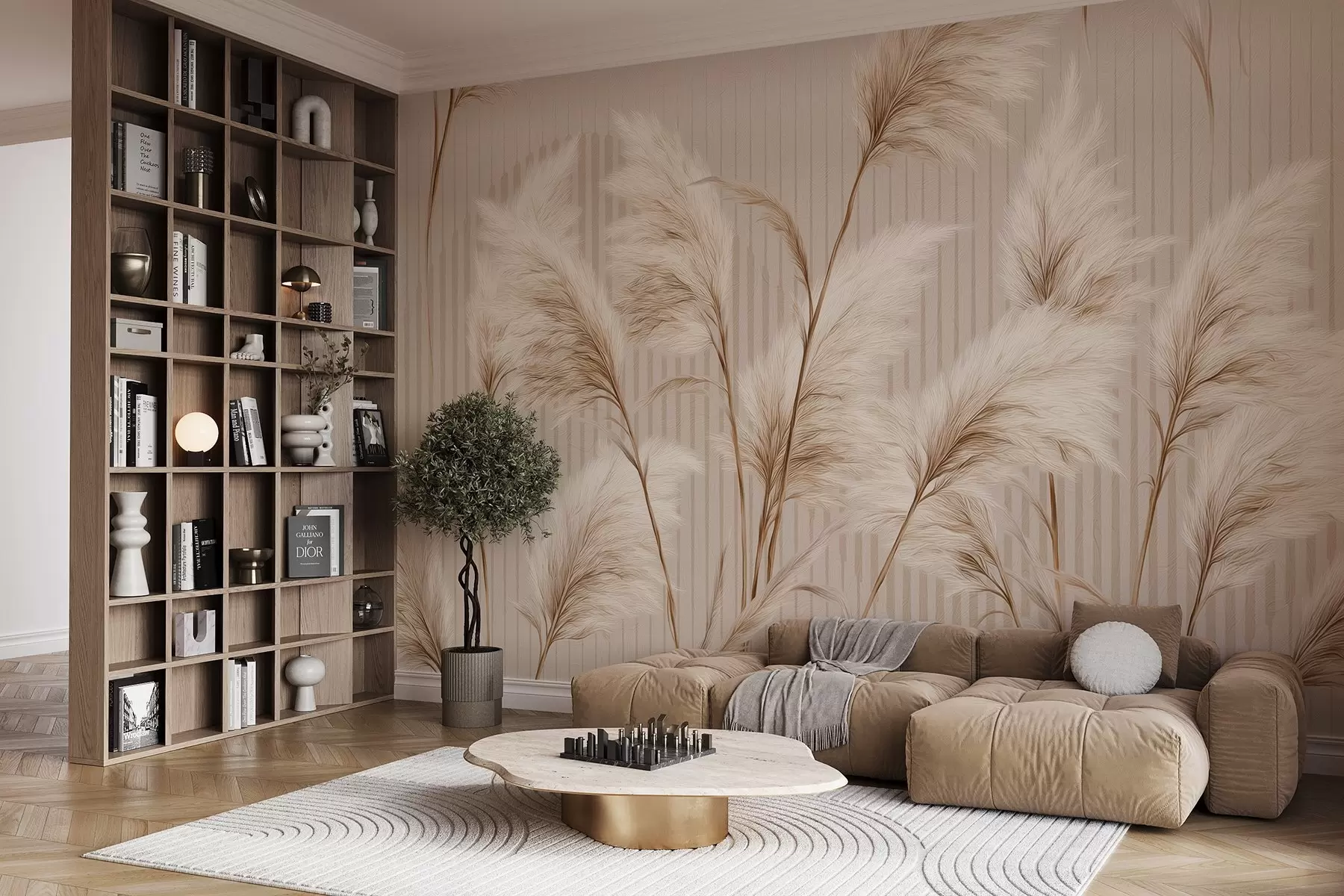 Fototapetai Pampų žolė smėlio spalvos linijų fone w09104