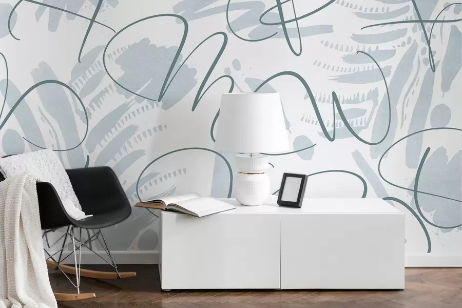 Fototapetai Kaligrafinė abstrakcija su raidėmis, teptuko potėpiais, mėlyna spalva w03913v1