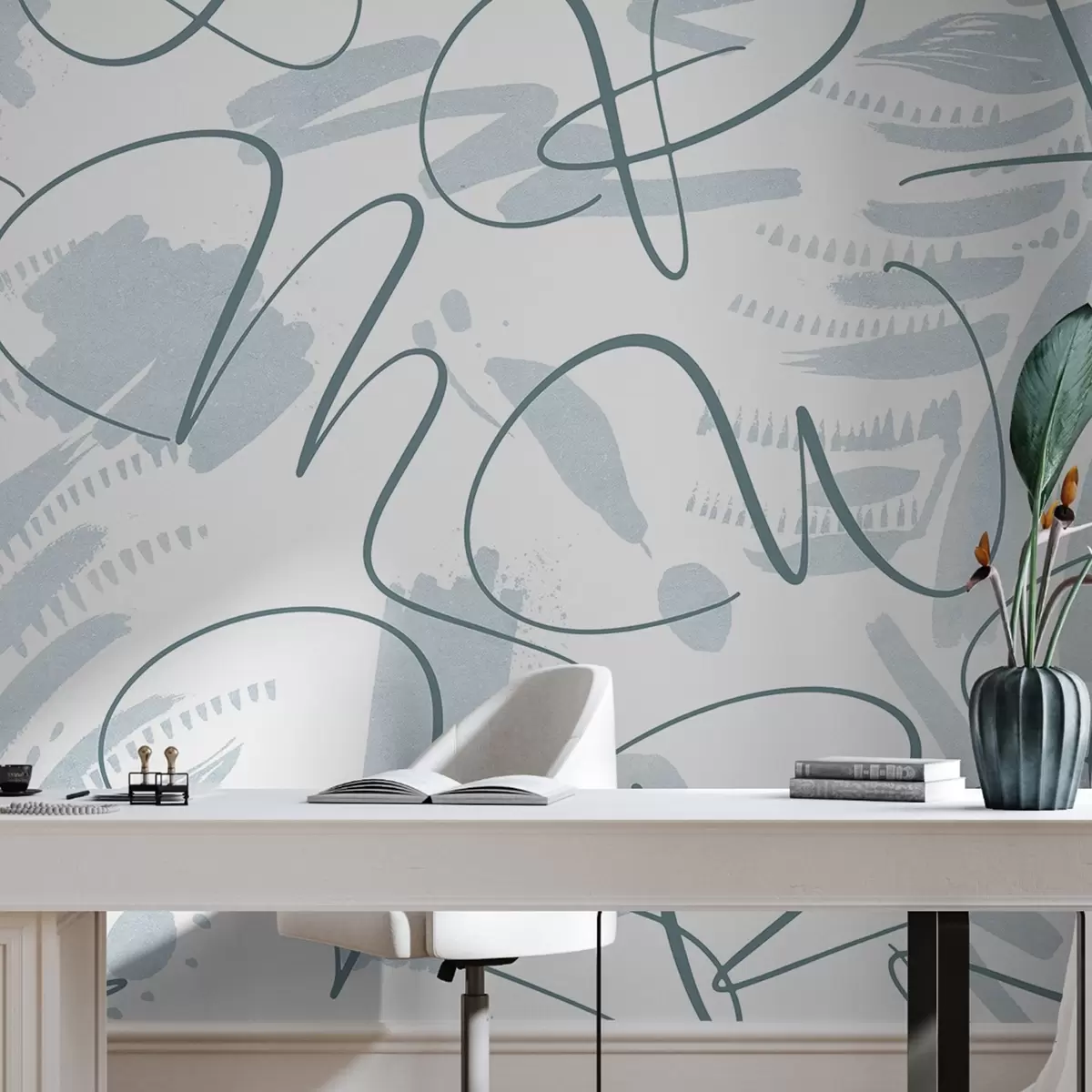 Fototapetai Kaligrafinė abstrakcija su raidėmis, teptuko potėpiais, mėlyna spalva w03913v1