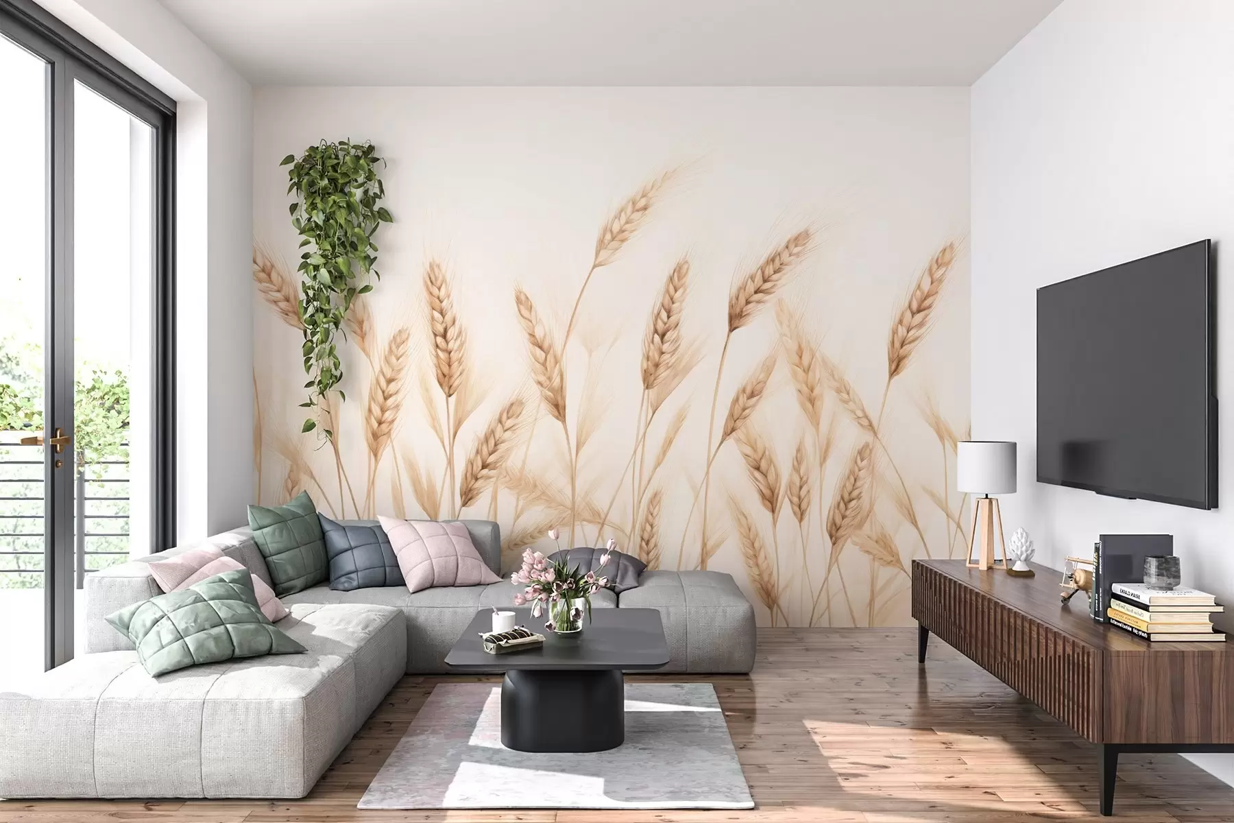 Fototapetai subtili kviečių stiebų botaninė iliustracija, piešta ranka, smulkios linijos su pasteline kreidos tekstūra, švelnūs sepijos ir žemės rudi tonai, baltas fonas, simetriška elegantiška kompozicija, natūrali eskizo estetika w03943