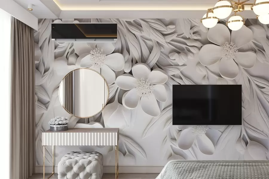 Fototapetai Baltos gėlės ir lapai baltame fone, gėlių elegantiškas, dekoratyvinis dizainas, sudėtingos detalės w09113
