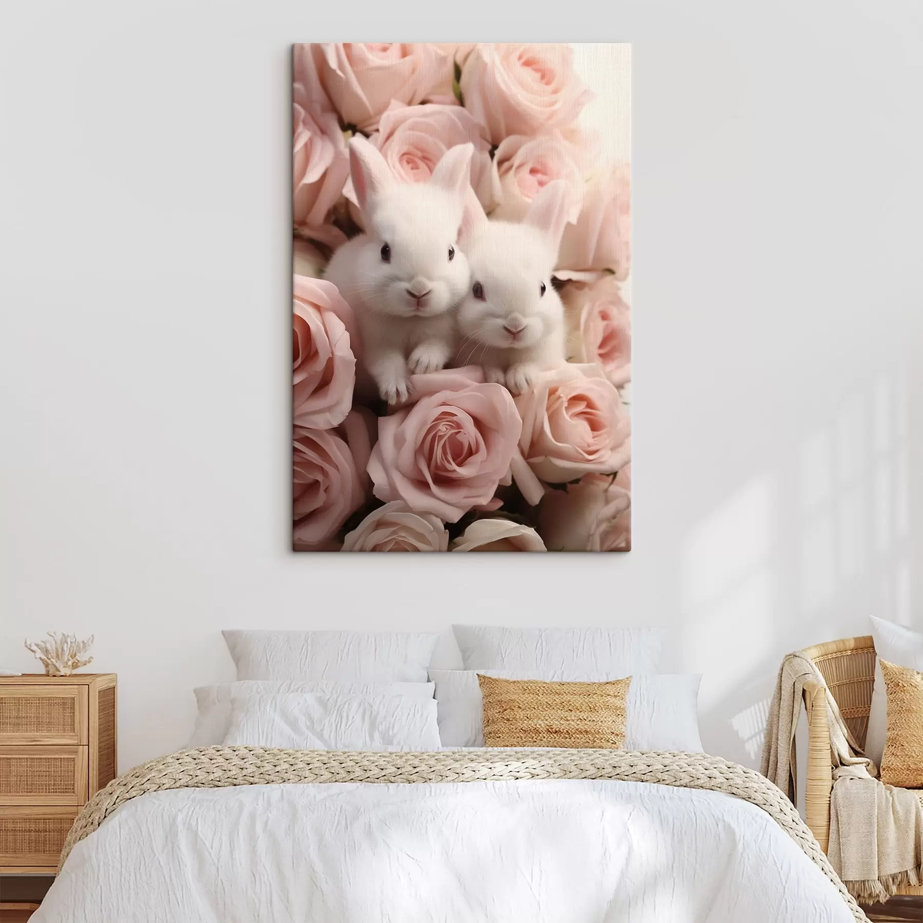 Paveikslėlis Du balti triušiai subtiliais rožių žiedais s44380