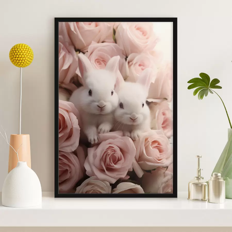 Fototapetai Du balti triušiai subtiliais rožių žiedais f44380