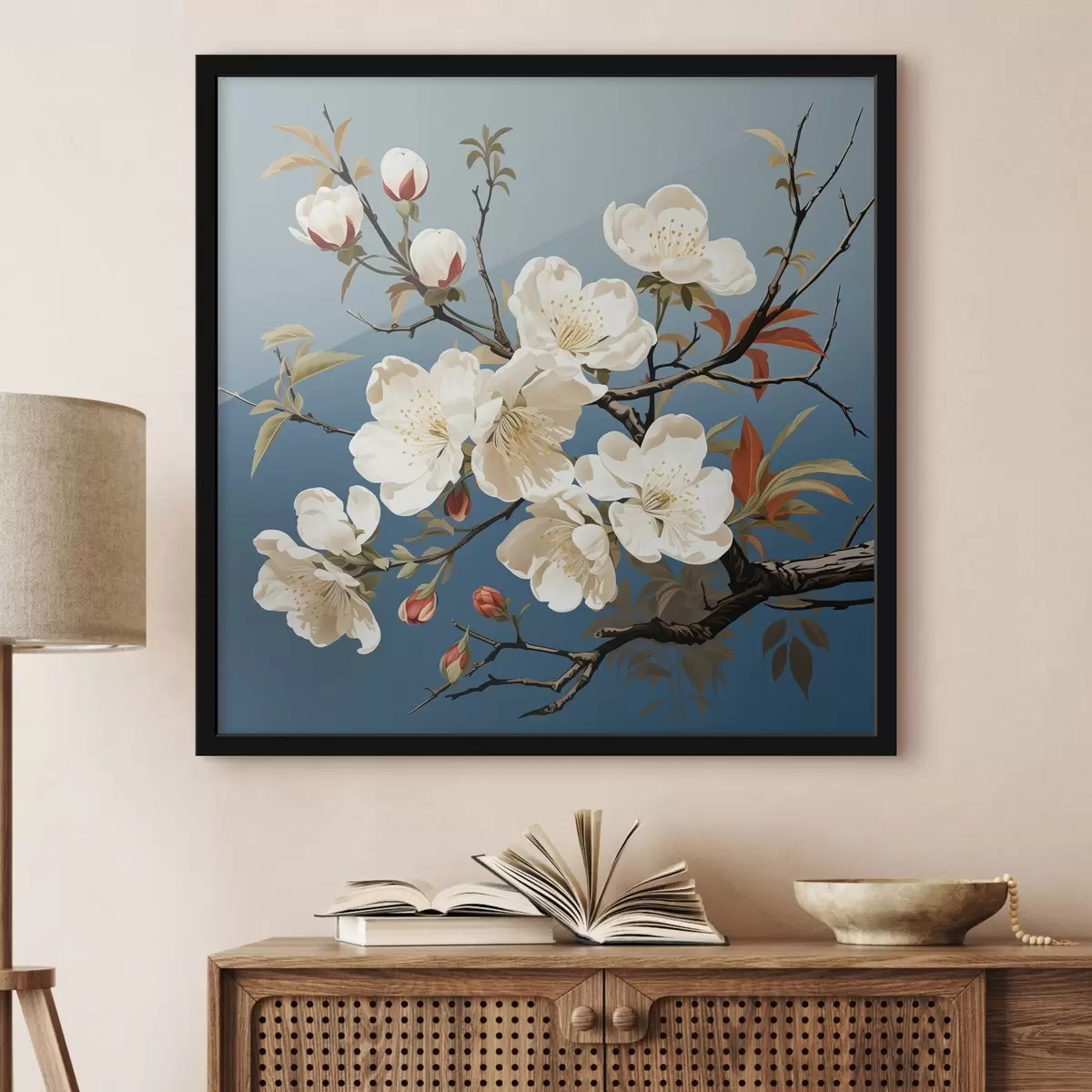 Plakatas Magnolijos šaka su rausvais pumpurais mėlyname fone f44341
