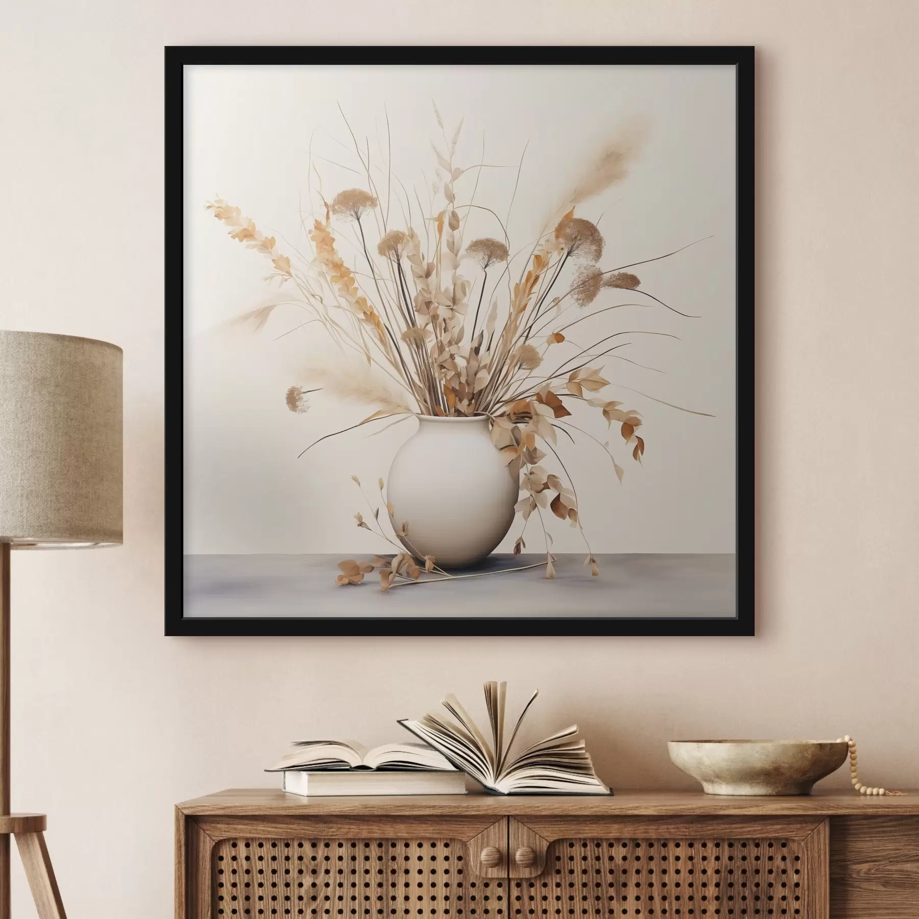 Fototapetai Džiovintų žolių ir gėlių kompozicija baltoje vazoje f44348