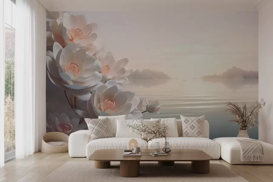 Fototapetai Pasteliniai lotosai ant vandens po vakaro dangumi w03988