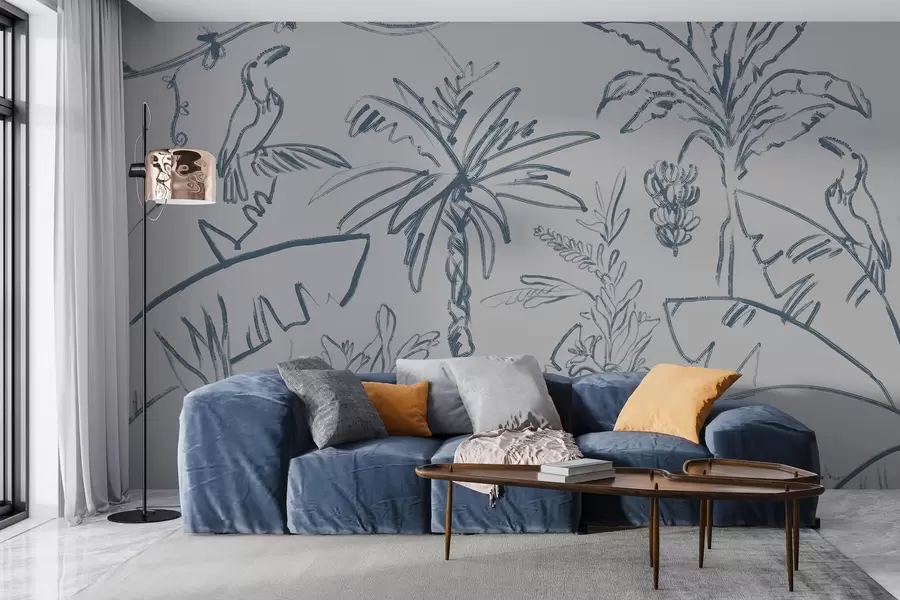 Fototapetai Mėlynos spalvos atogrąžų raštas, bananai, palmės w04020v1