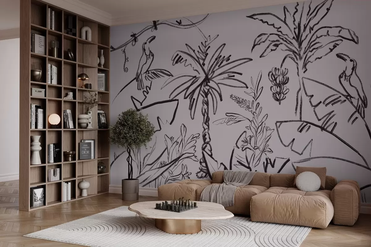 Fototapetai Juodos spalvos atogrąžų raštas, palmės, bananai, kontūrinė grafika w04020v7