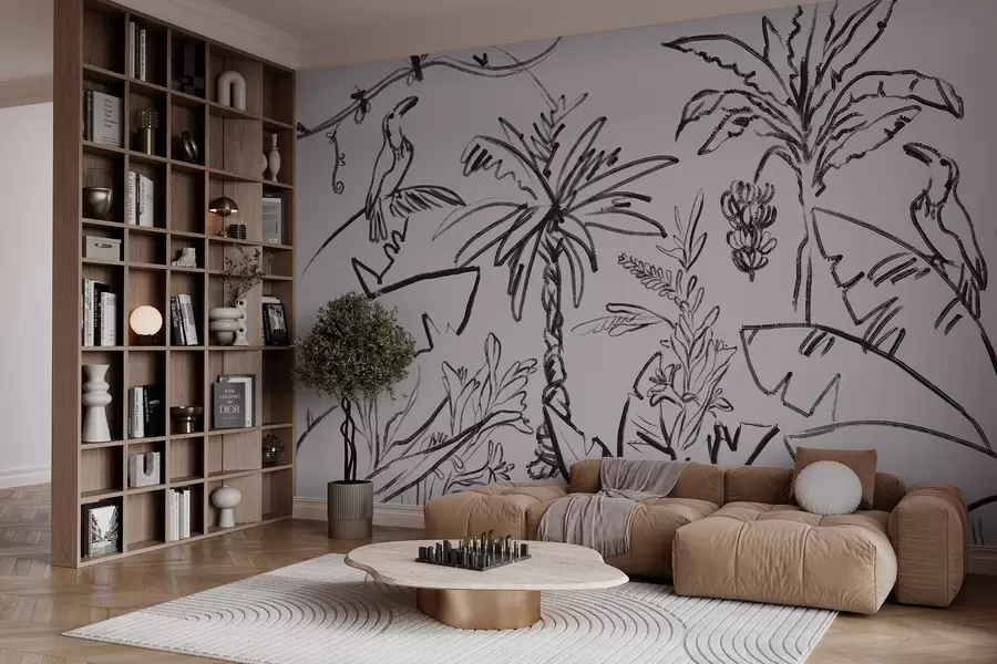 Fototapetai Juodos spalvos atogrąžų raštas, palmės, bananai, kontūrinė grafika w04020v7