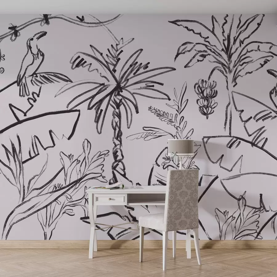 Fototapetai Juodos spalvos atogrąžų raštas, palmės, bananai, kontūrinė grafika w04020v7