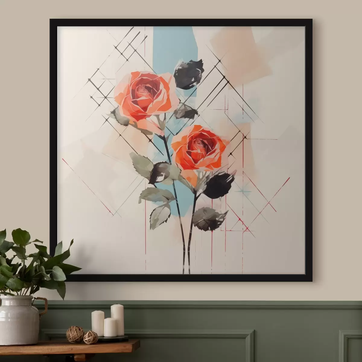 Plakatas Rožės linijų ir dėmių fone f44421