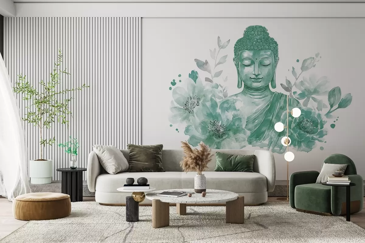 Fototapetai Akvarelinis Buda su gėlėmis, dvasinis, žalias spalvų paletė  w04005v3