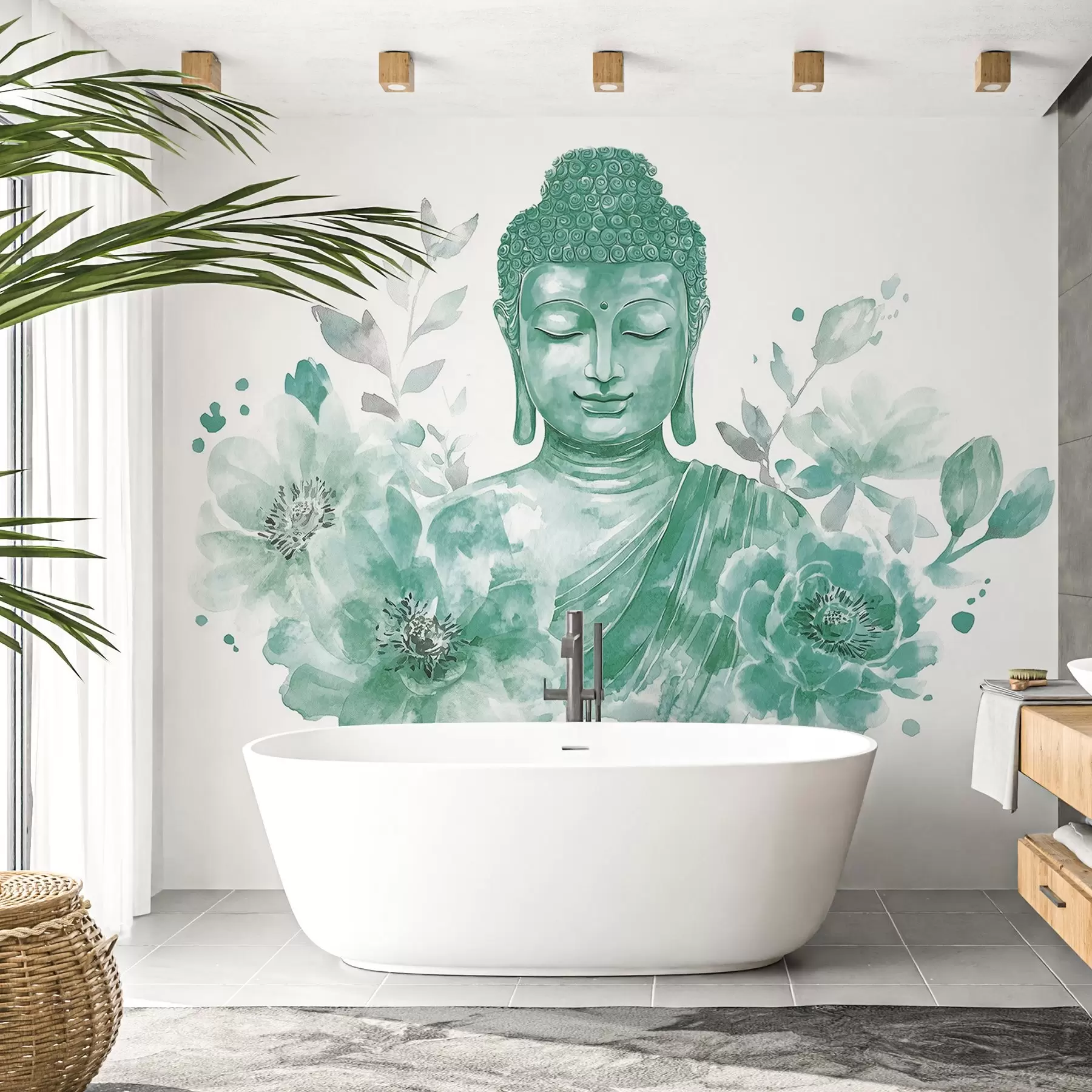 Fototapetai Akvarelinis Buda su gėlėmis, dvasinis, žalias spalvų paletė  w04005v3