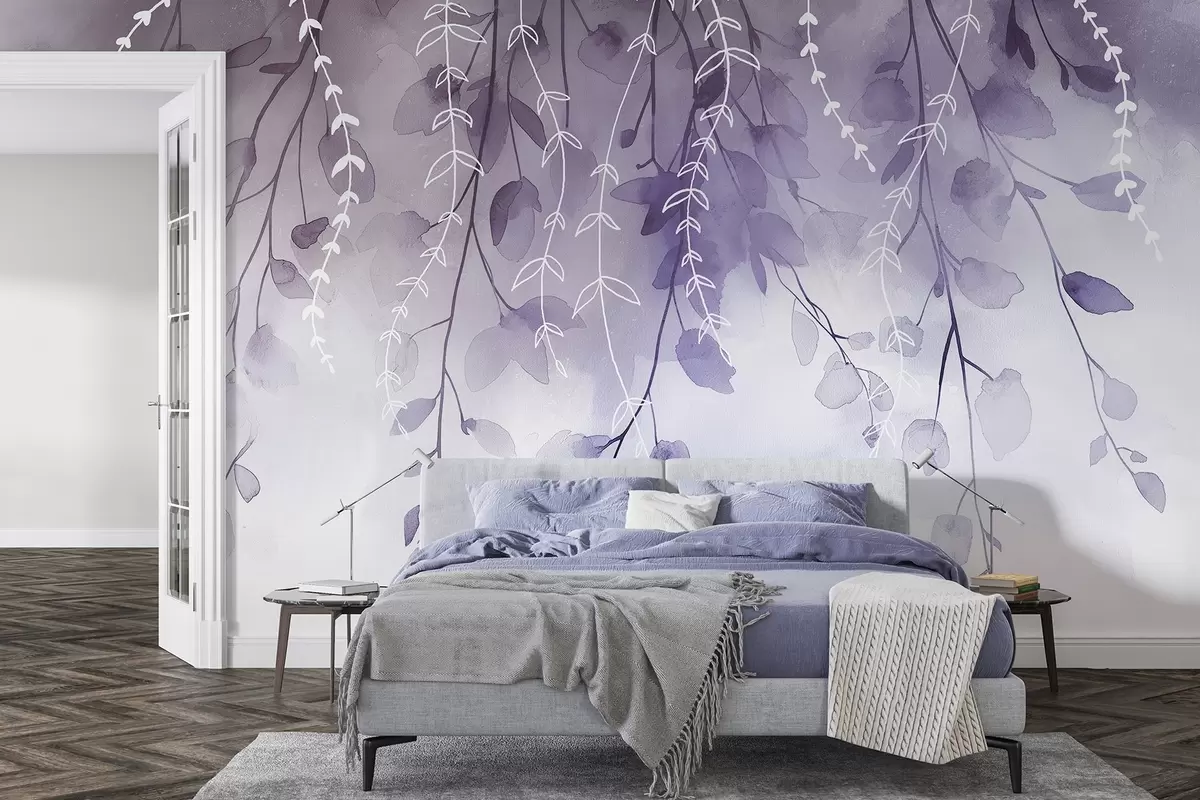 Fototapetai Akvarelės stiliaus šakos su lapais, natūralios violetinės spalvos w04007v2