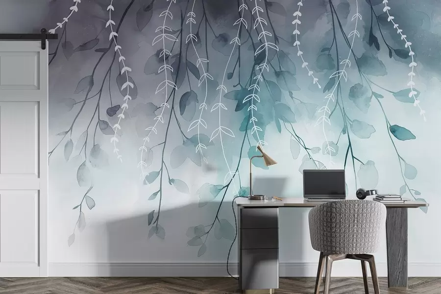 Fototapetai Akvarelės stiliaus šakos su lapais, natūralios akvamarino spalvos w04007v3