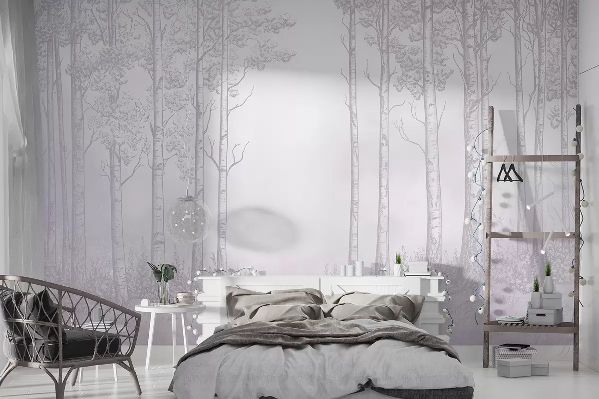 Fototapetai Miškas su beržais, minimalizmas, gamta, rožinė spalvų paletė  w04009v2