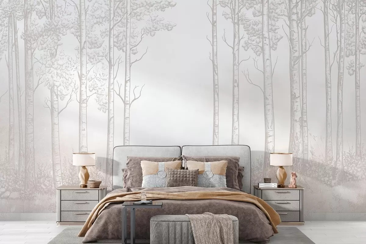 Fototapetai Miškas su beržais, minimalizmas, gamta, smėlio spalvos paletė  w04009v3