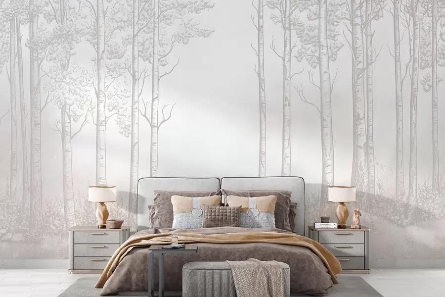 Fototapetai Miškas su beržais, minimalizmas, gamta, smėlio spalvos paletė  w04009v3