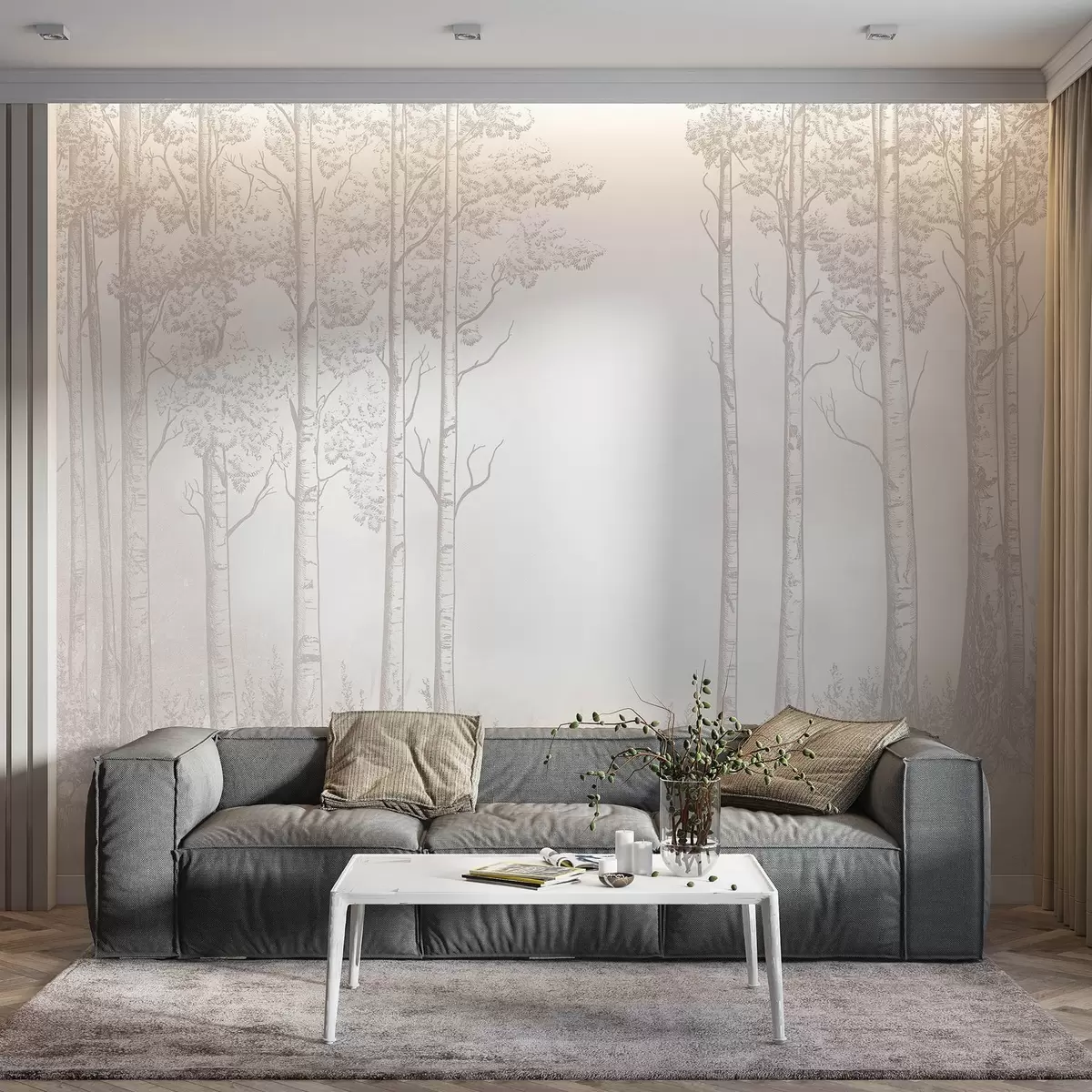 Fototapetai Miškas su beržais, minimalizmas, gamta, smėlio spalvos paletė  w04009v3