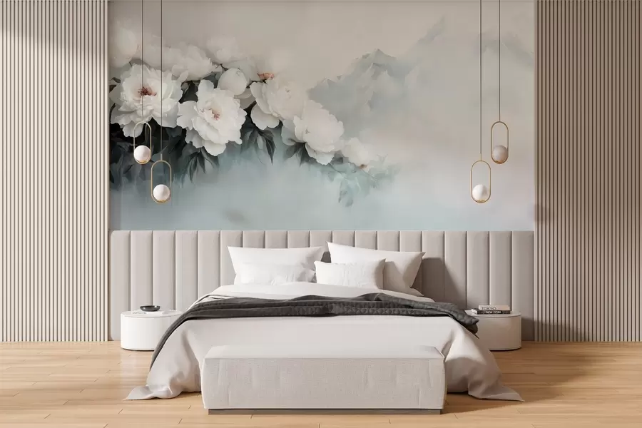 Fototapetai vaizdingi sodrūs balti bijūnai rūko kalnų fone w03965