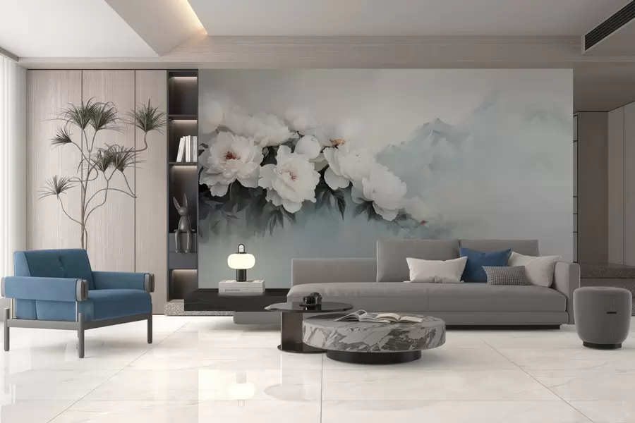 Fototapetai vaizdingi sodrūs balti bijūnai rūko kalnų fone w03965