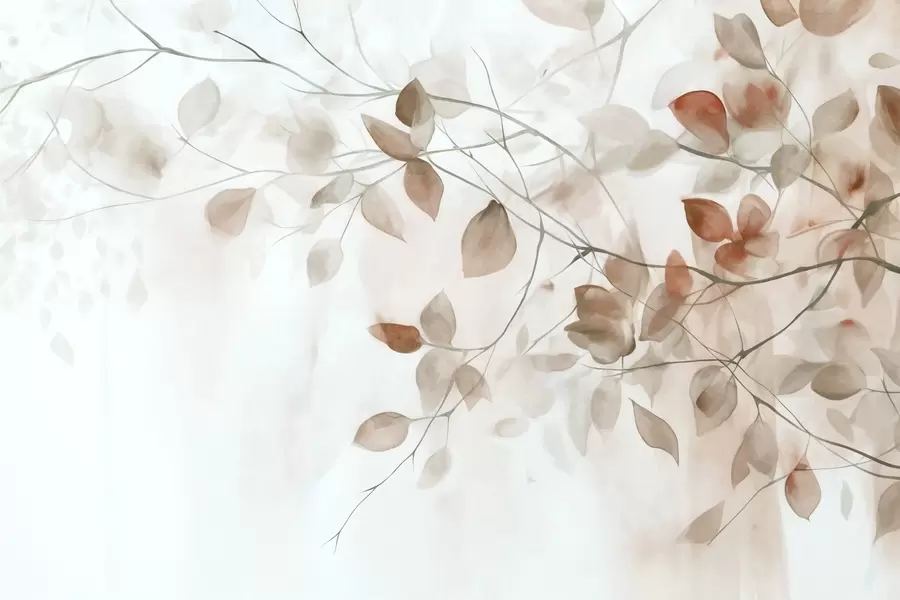 Fototapetai Tekstūrinė akvarelės tapyba, imituojanti rudus lapus ir šakas, švelnios spalvos, subtilios detalės baltame fone w09133