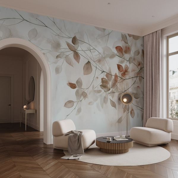 Užsklandos Tekstūrinė akvarelės tapyba, imituojanti rudus lapus ir šakas, švelnios spalvos, subtilios detalės, Fototapetai gamta, w09133 : Uwalls.lt