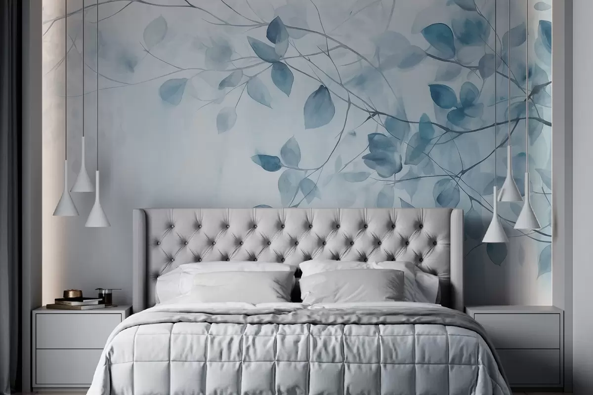 Fototapetai Mėlynų lapų ir šakų tekstūrinė akvarelės tapybos imitacija, švelnios spalvos, subtilios detalės baltame fone w09133v1