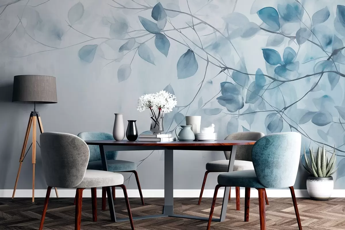 Fototapetai Mėlynų lapų ir šakų tekstūrinė akvarelės tapybos imitacija, švelnios spalvos, subtilios detalės baltame fone w09133v1 - Uwalls.lt Fototapetai Mėlynų lapų ir šakų tekstūrinė akvarelės tapybos imitacija, švelnios spalvos, subtilios detalės baltame fone w09133v1