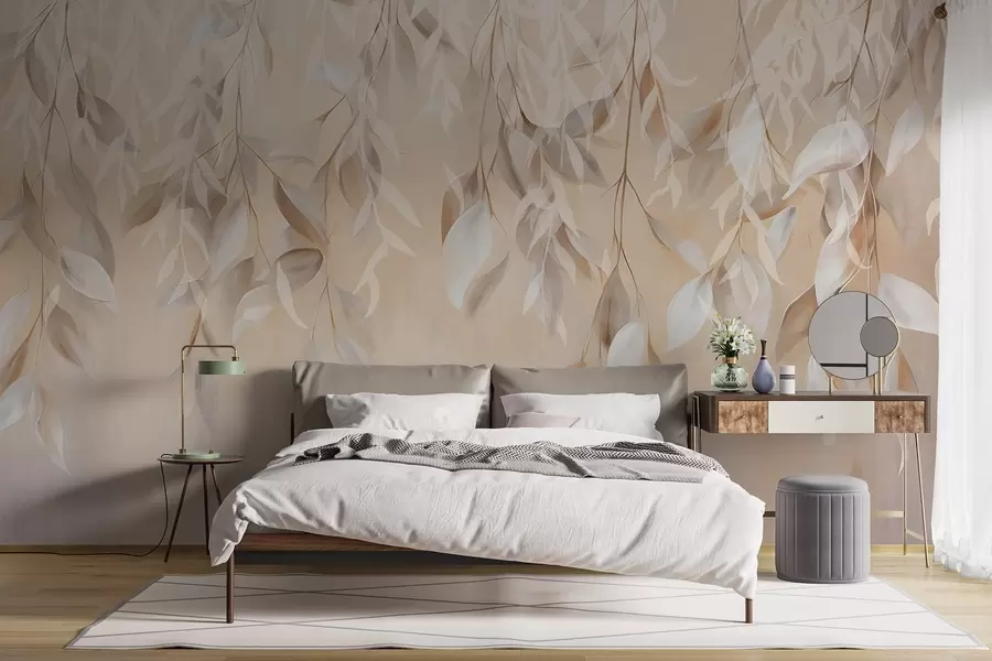 Fototapetai Kabantys tekstūruoti balti ir smėlio spalvos lapai su švelnia spalvų palete, persikų, pilkos ir baltos spalvos subtilus fonas  w09136