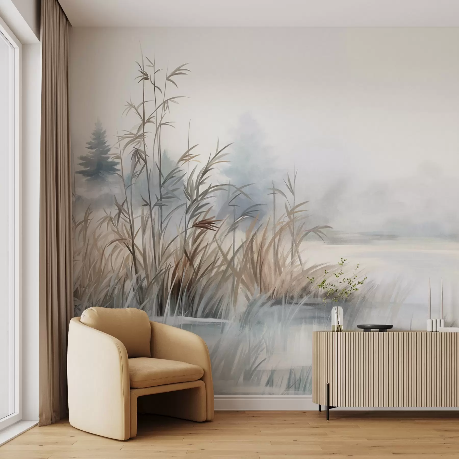 Fototapetai Ežero peizažo faktūra su aukšta žole pirmame plane, švelniai mėlyna ir ruda spalvos, ramus vanduo, tolumoje medžiai w09137