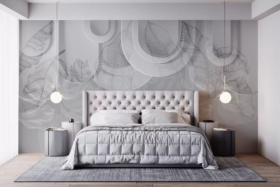 Fototapetai Abstraktus fonas su pilkomis arkomis ir baltais atogrąžų lapais, minimalistinis dizainas, elegantiškas ir modernus, neutrali spalvų paletė w09138