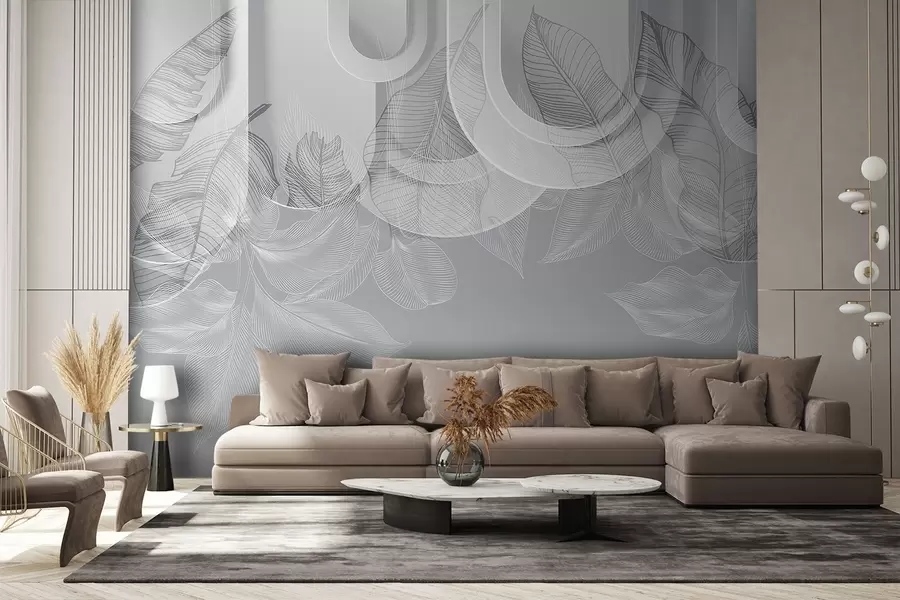 Fototapetai Abstraktus fonas su pilkomis arkomis ir baltais atogrąžų lapais, minimalistinis dizainas, elegantiškas ir modernus, neutrali spalvų paletė w09138