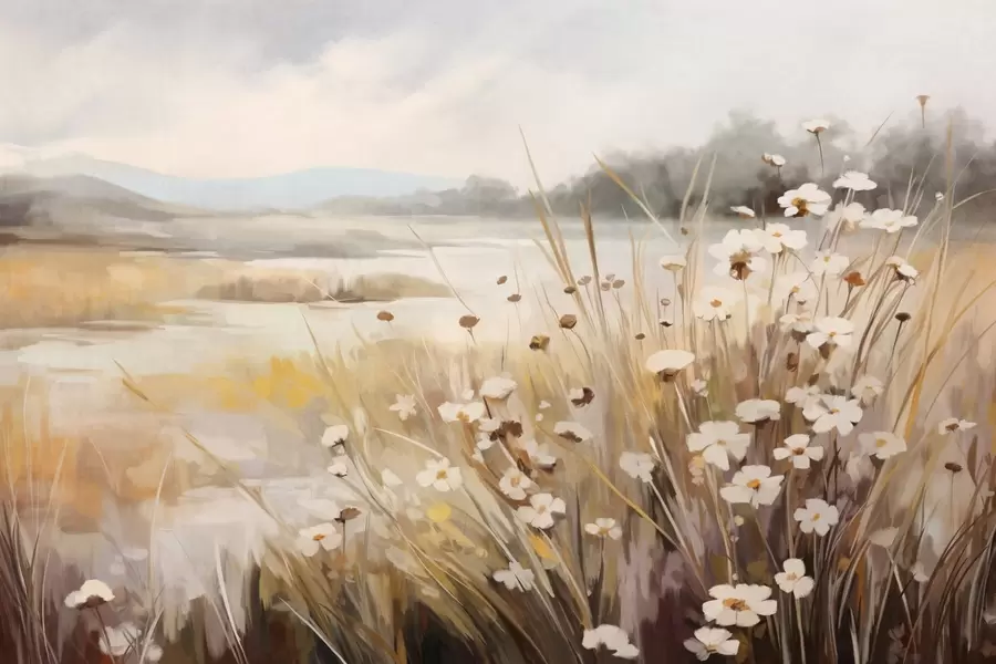 Fototapetai Aukštos žolės ir baltų margučių laukas, medžiai fone, po debesuotu dangumi, tekstūruotas kraštovaizdis, švelnūs potėpiai teptuku w09139