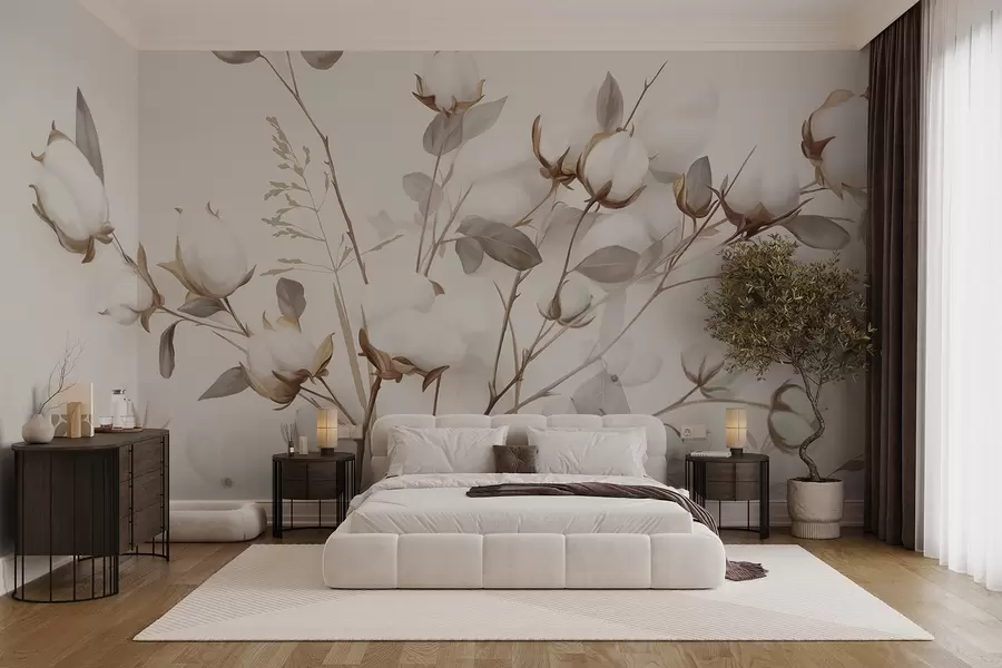 Fototapetai Medvilninės gėlės su stiebais ir lapais šviesiai rudos spalvos paletėje, smėlio spalvos fone, minkštos ir subtilios, akvarelės stiliaus w09141