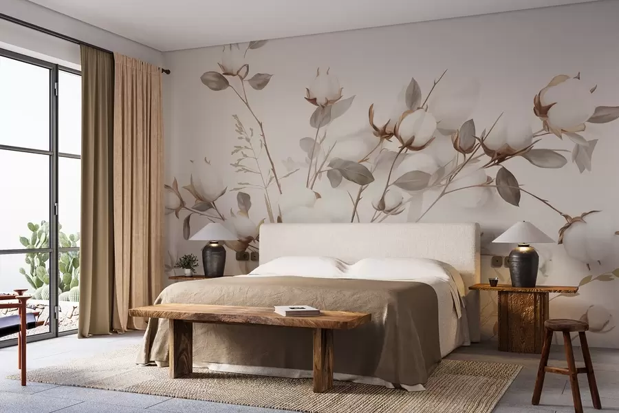 Fototapetai Medvilninės gėlės su stiebais ir lapais šviesiai rudos spalvos paletėje, smėlio spalvos fone, minkštos ir subtilios, akvarelės stiliaus w09141