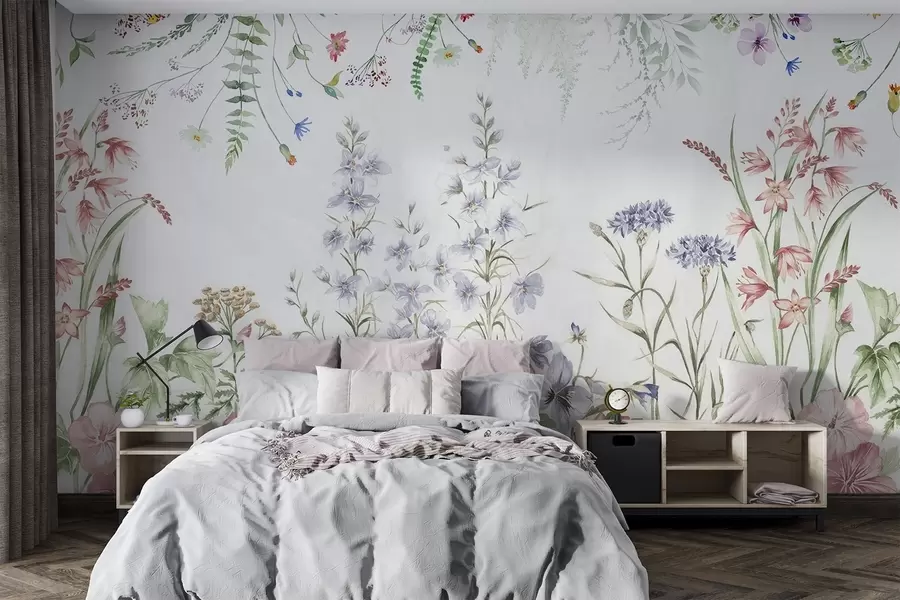 Fototapetai Gėlių tekstūrinis išdėstymas su spalvingomis gėlėmis ir žaliais lapais, botaninė iliustracija , švelnios pastelinės spalvos, vintažinis stilius w09143