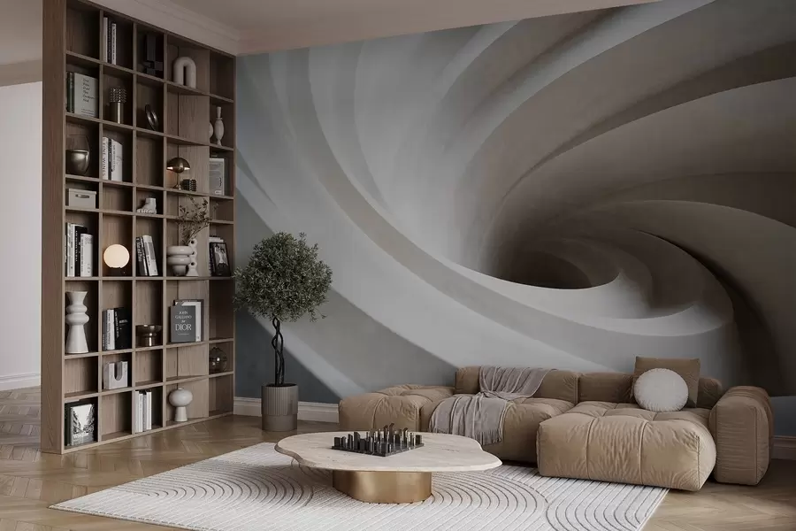 Fototapetai Abstraktus tekstūrinis baltos ir smėlio spalvos sluoksnių sūkurys, sukuriantis sūkurio efektą, dinamiška kompozicija, modernus minimalistinis dizainas w09144