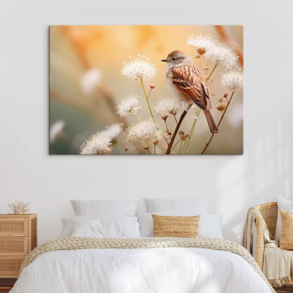 Paveikslėlis Paukštis ant šakos su baltomis gėlėmis, minkštas fokusavimas, gamtos fonas s44393