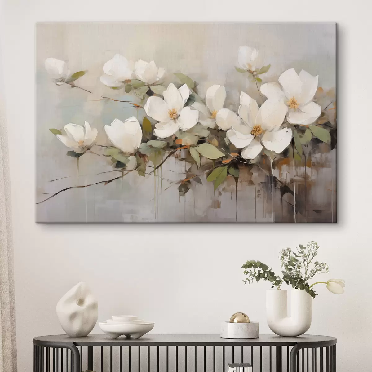 Paveikslėlis Baltos magnolijos žiedai su žaliais lapais ant šakos, švelnūs potėpiai, prislopintos spalvos s44404