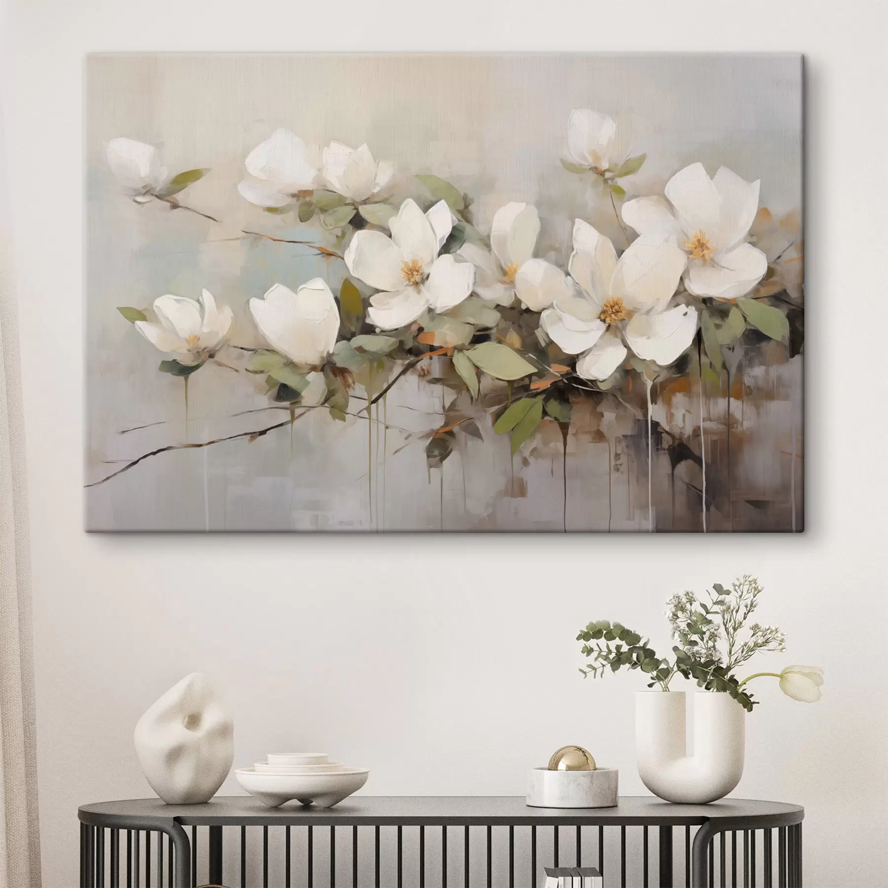 Fototapetai Baltos magnolijos žiedai su žaliais lapais ant šakos, švelnūs potėpiai, prislopintos spalvos s44404