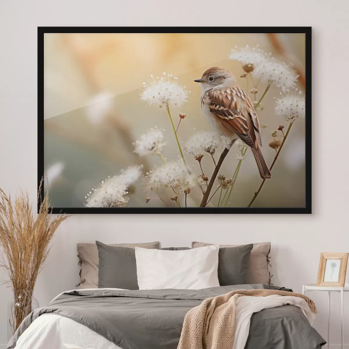 Plakatas Paukštis ant šakos su baltomis gėlėmis, minkštas fokusavimas, gamtos fonas f44393
