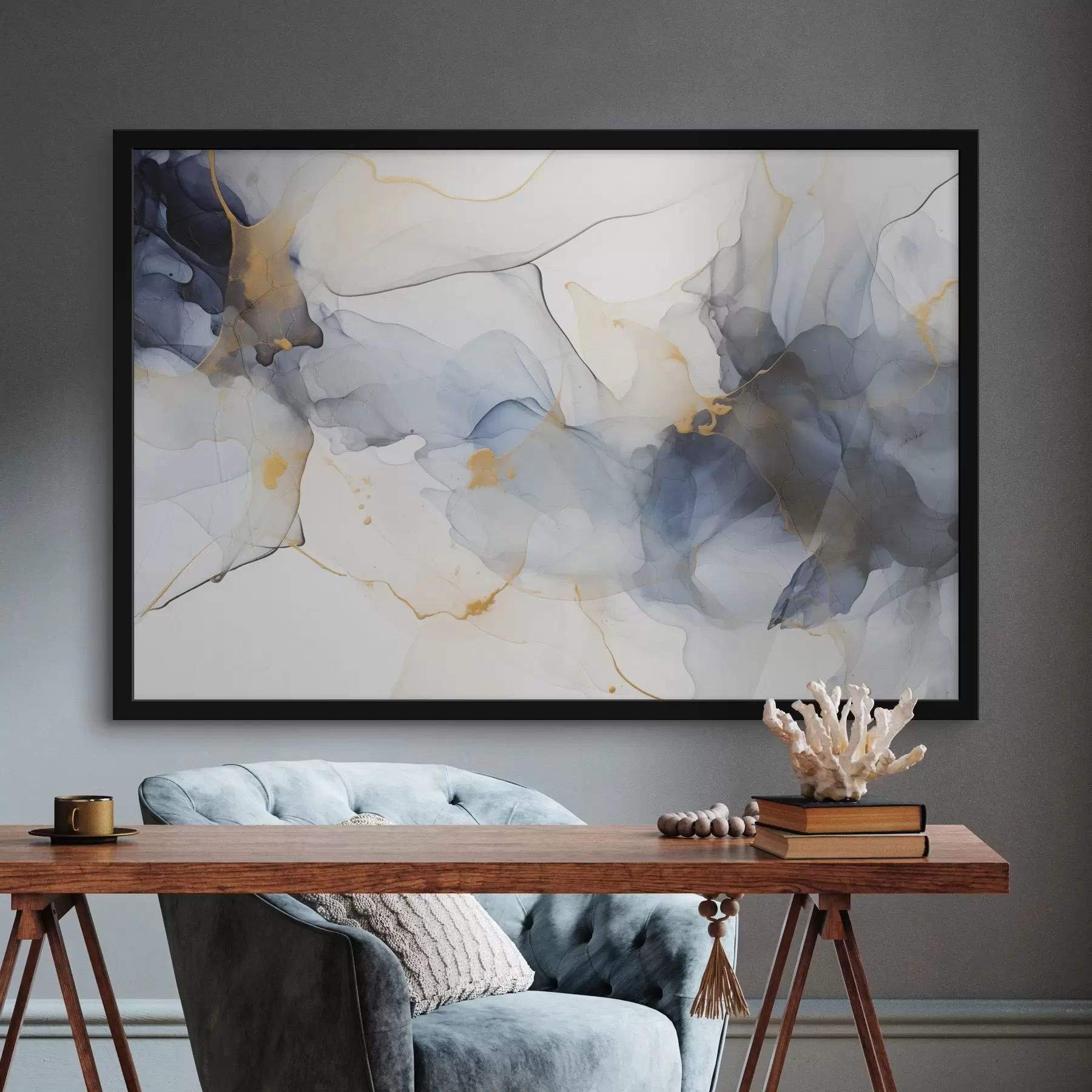 Fototapetai Abstraktus paveikslas mėlynu tušu, skystos ir organiškos formos, subtilios tekstūros baltame fone f44397